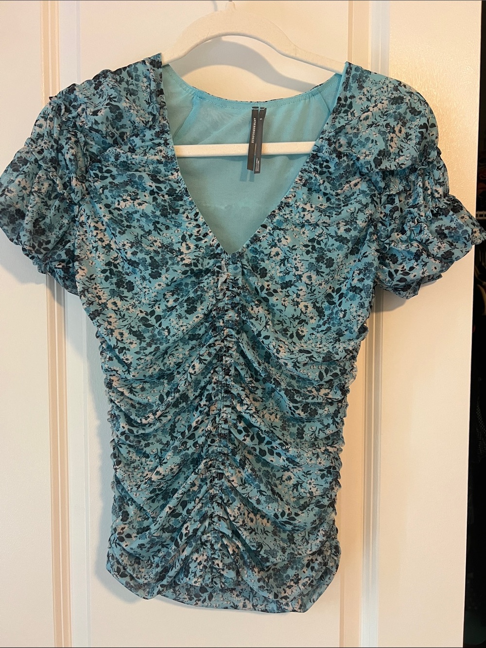 Anthropologie Aqua Blue Floral Ruched V-Neck Top